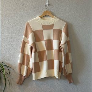 ZESICA Beige & Tan Checkerboard Knit Sweater – Size L